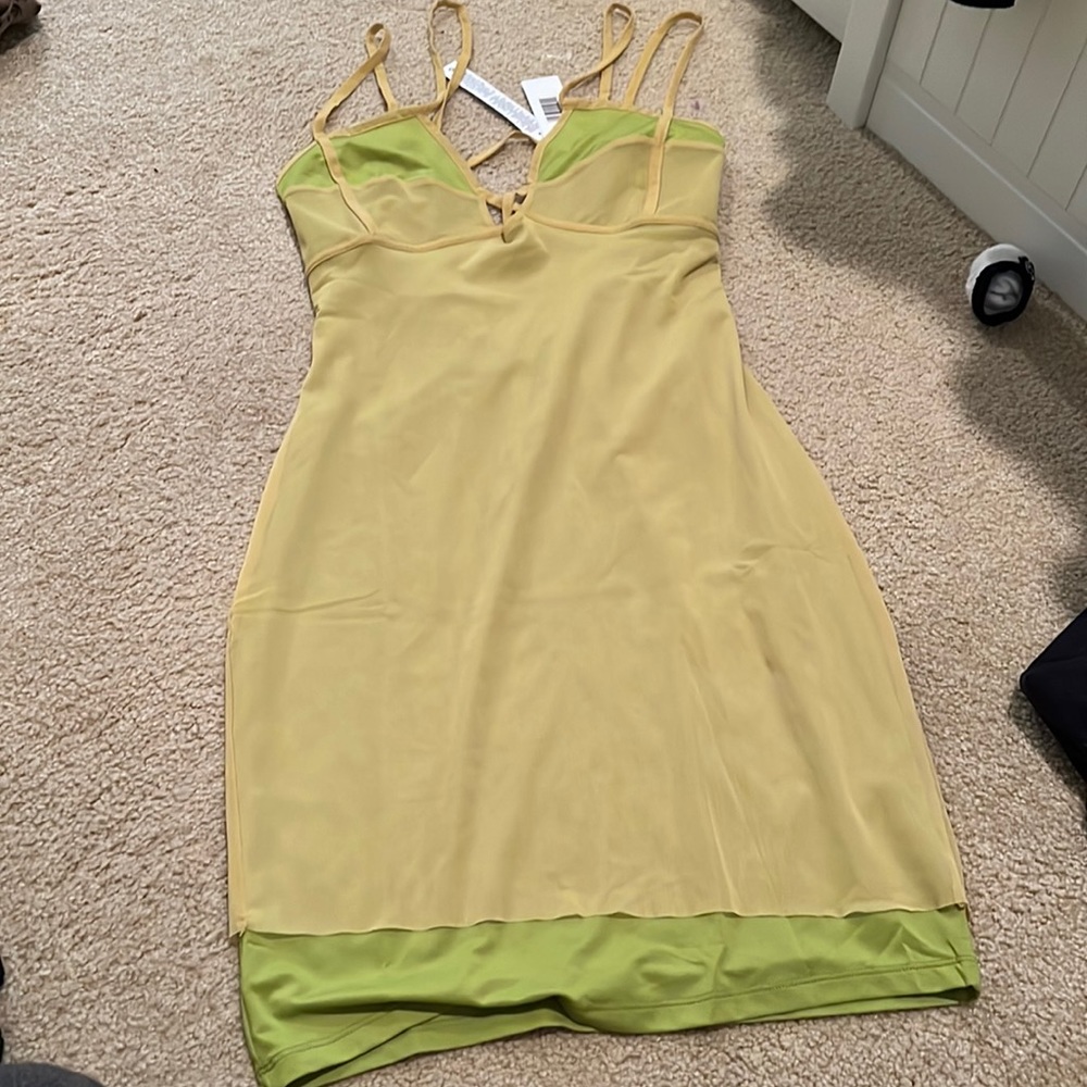Chiffon Slip Dress in Pale Yellow with Green Hem